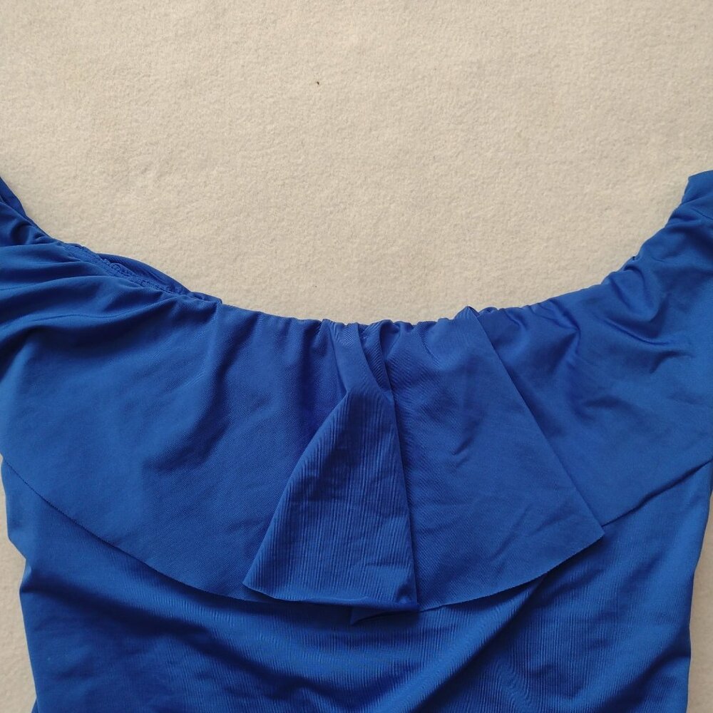 Trina Turk Blue Ruffle Swimsuit 12 Off-The-Shoulder Fully Lined One-Piece - Picture 5 of 10
